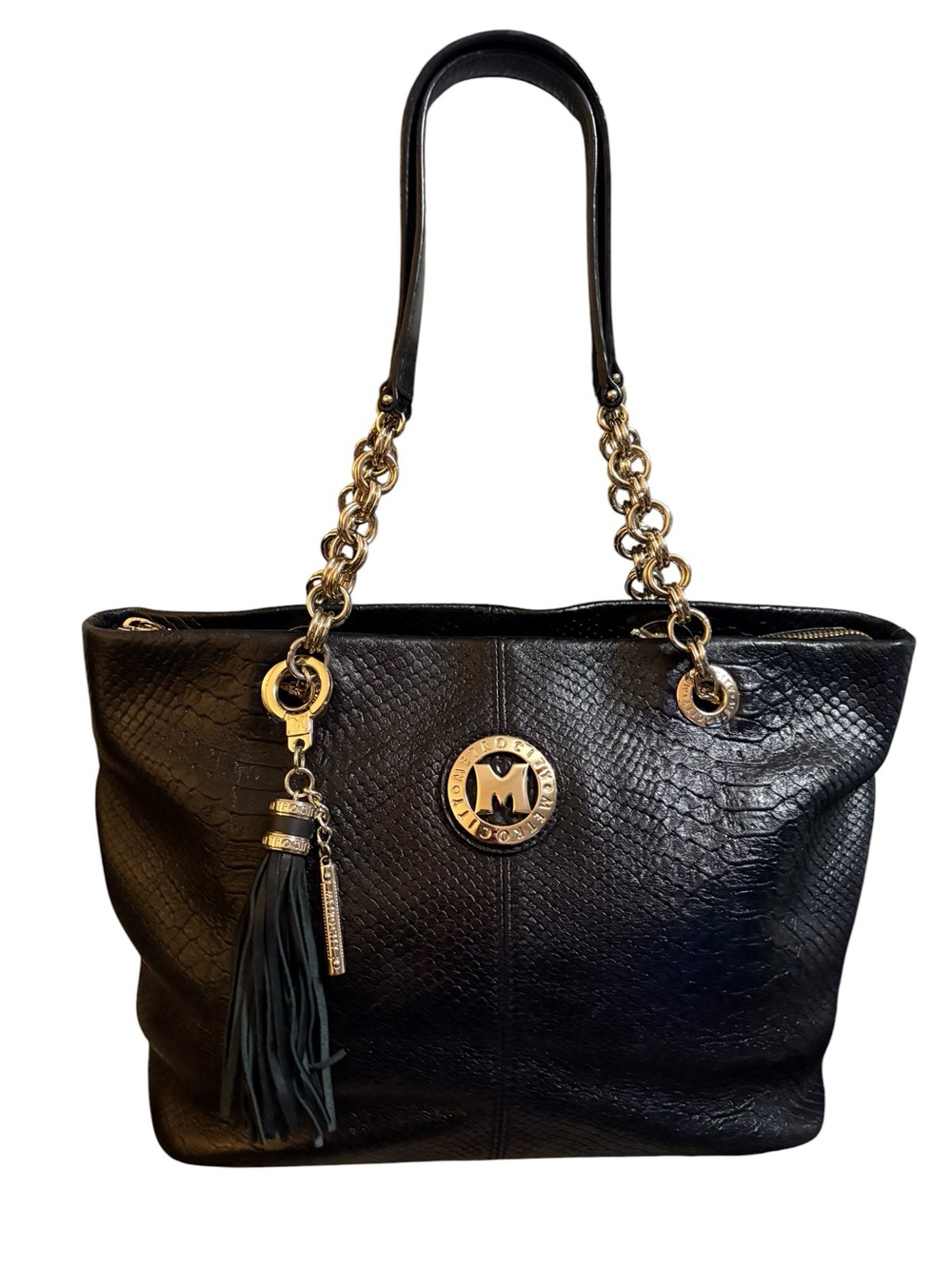 Metrocity Milano Black Python Embossed Textured Leather Chain Tote Shoulder Bag